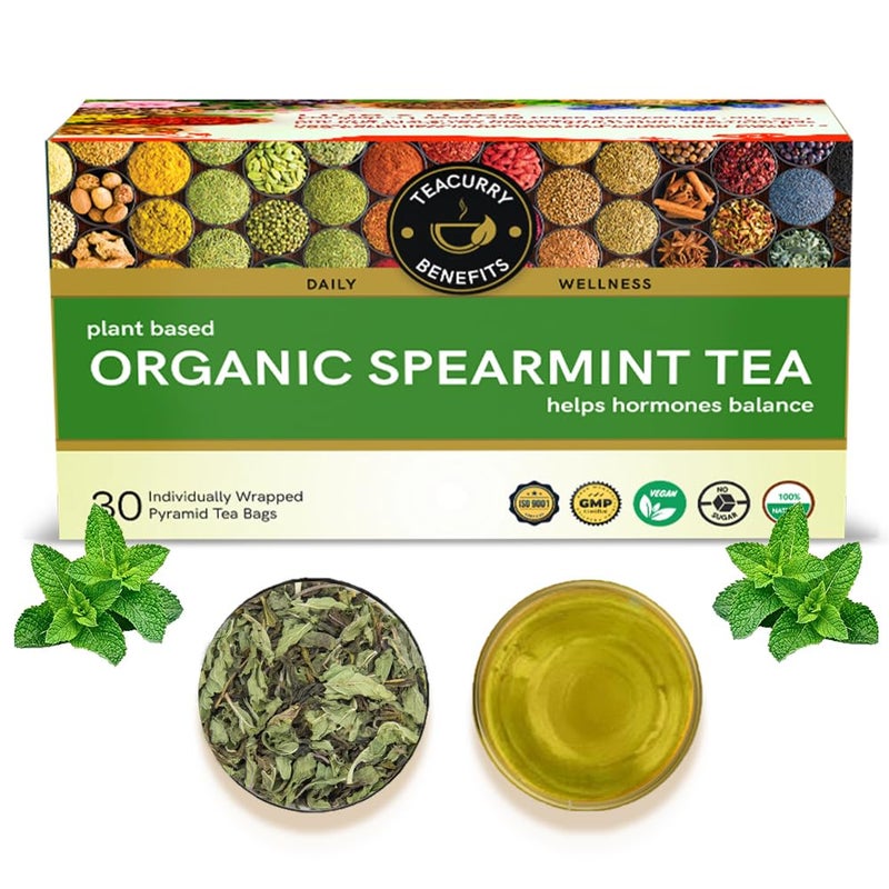 TEACURRY Organic Spearmint Herbal Tea (1 Month Pack, 30 Tea Bags) - Hormonal Imbalance, Facial Hair & Acne | High in Vitamin A, Improve Brain Function - Image 1