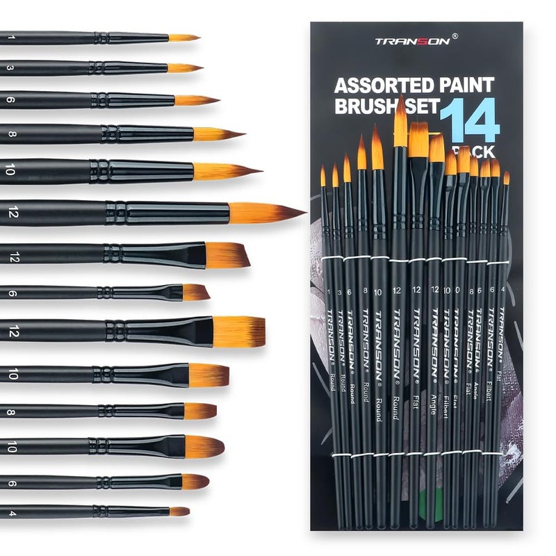 Transon 14pcs Artist Paint Brushes for Acrylic Watercolor Gouache Oil and Hobby Painting Black Color