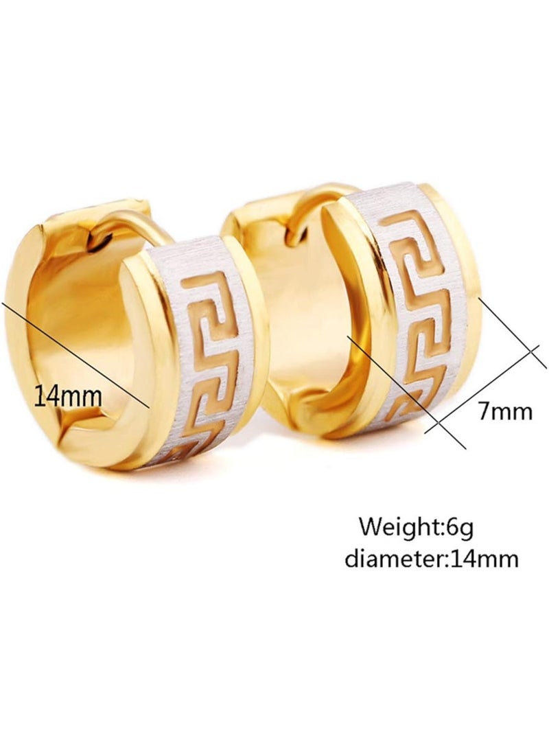 ايرس أقراط دائرية من الفولاذ المقاوم للصدأ مطلية بالذهب للرجال - لمعان مصقول بنقشة مفتاح يوناني | أقراط هاجي 14 مم | مجوهرات رجالية أنيقة متينة، مقاومة للحساسية، لا تتلاشى - Image 3