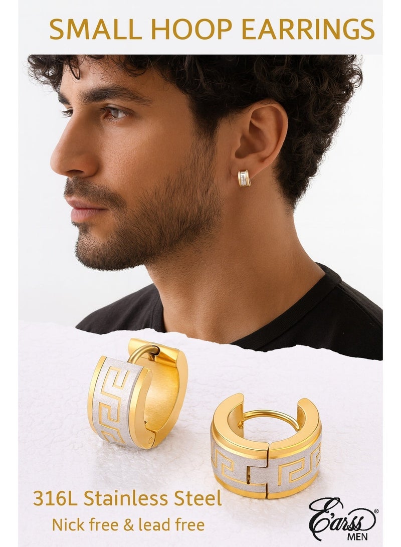 ايرس أقراط دائرية من الفولاذ المقاوم للصدأ مطلية بالذهب للرجال - لمعان مصقول بنقشة مفتاح يوناني | أقراط هاجي 14 مم | مجوهرات رجالية أنيقة متينة، مقاومة للحساسية، لا تتلاشى - Image 2
