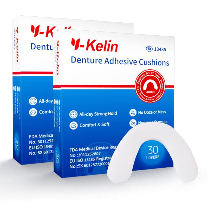 YKelin Lower Denture Adhesive Cushions AdhesiveFree Denture Pads for Sore Gums 30 Pads2 60 Strips