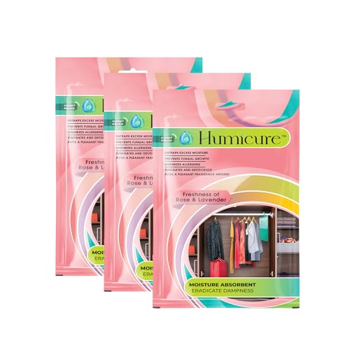Humicure Moisture Absorber Hanging Bag Prevents Mould & Fungus, Dehumidifier Humidity Control with 1 Litre Absorption Capacity for Wardrobe, Bathroom, Kitchen, and Bedroom (Pack of 3, Rose & Lavender) - Image 1