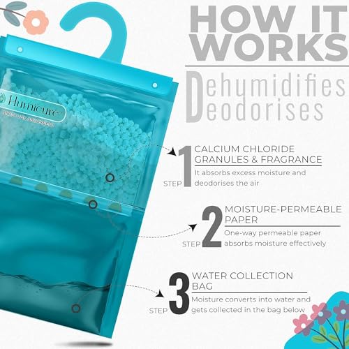 Humicure Moisture Absorber Hanging Bag Prevents Mould & Fungus, Dehumidifier Humidity Control with 1 Litre Absorption Capacity for Wardrobe, Bathroom, Kitchen, and Bedroom (Pack of 3, Rose & Lavender) - Image 2