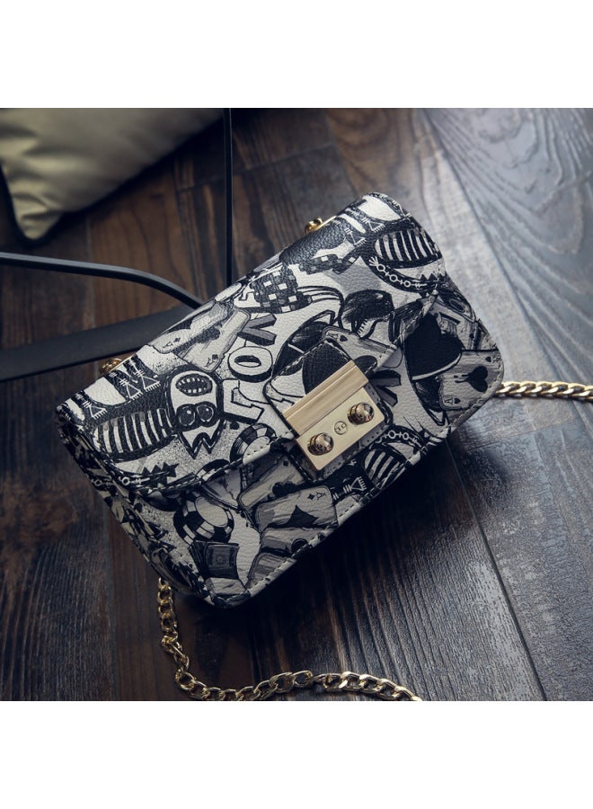 New Fashion Printed Small Square Bag Graffiti Women's Bag Korean Style Chain Small Bag Lock Buckle Diagonal Shoulder Bag Wholesale 