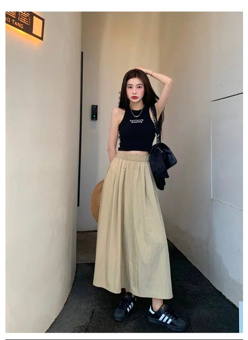 Lazy Style High-Waist Pleated Midi Skirt Apricot