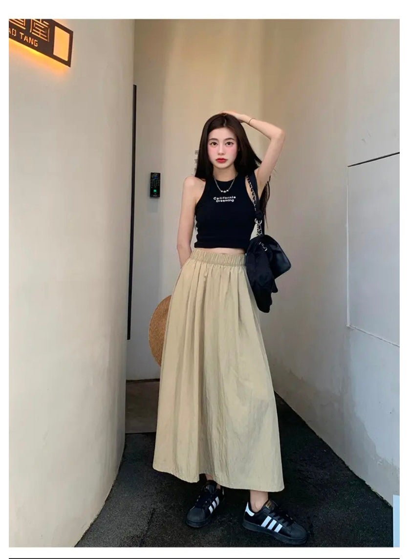 Lazy Style High-Waist Pleated Midi Skirt Apricot