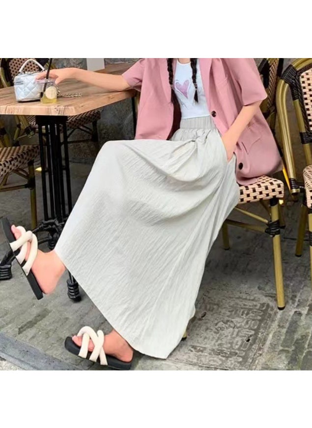 Lazy Style High-Waist Pleated Midi Skirt Apricot