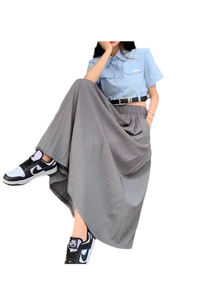Lazy Style High-Waist Pleated Midi Skirt Apricot