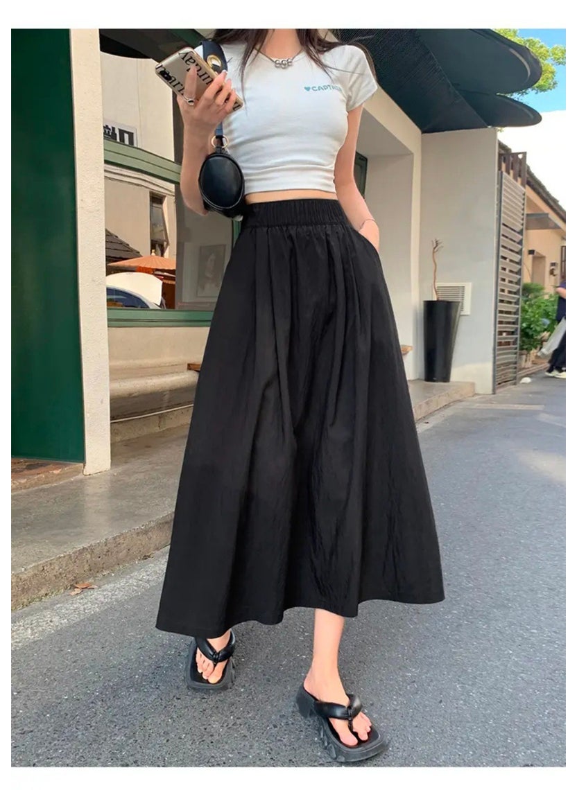 Lazy Style High-Waist Pleated Midi Skirt Apricot