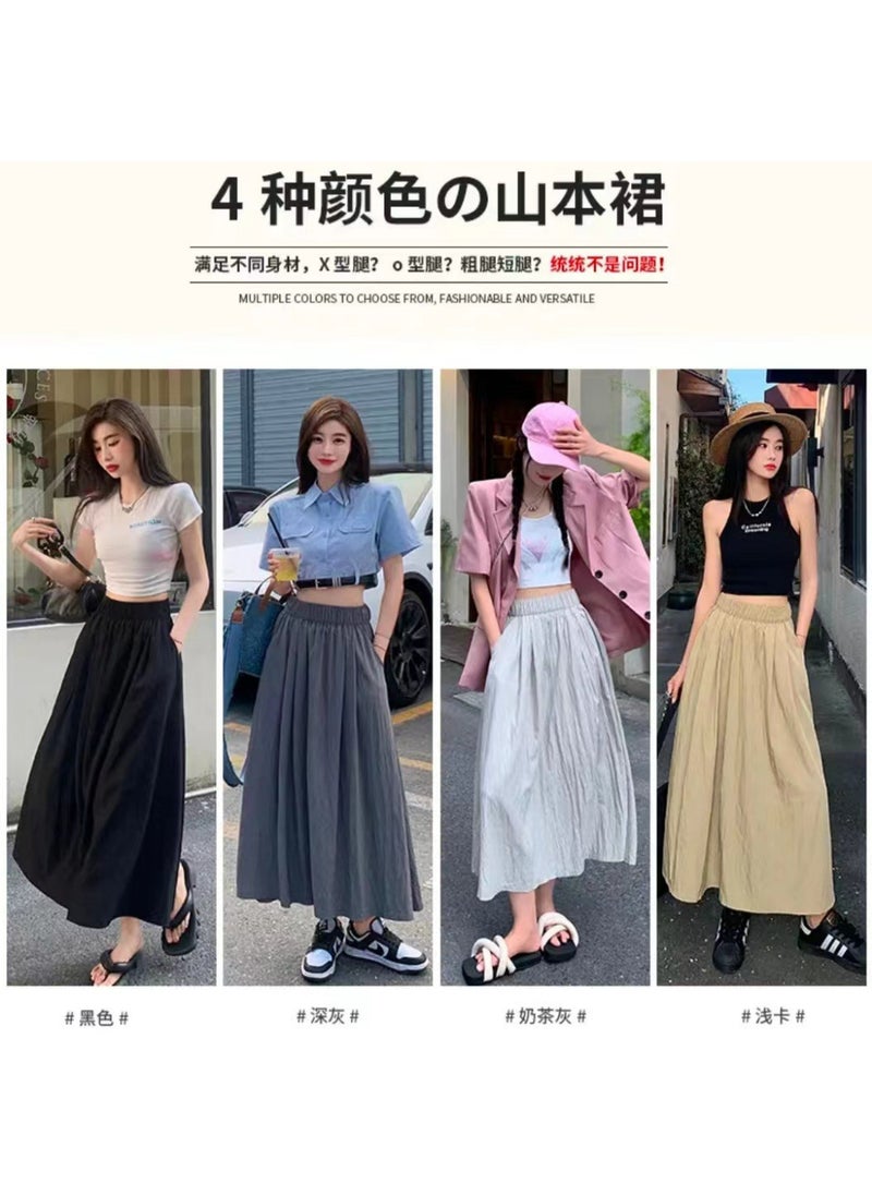 Lazy Style High-Waist Pleated Midi Skirt Apricot