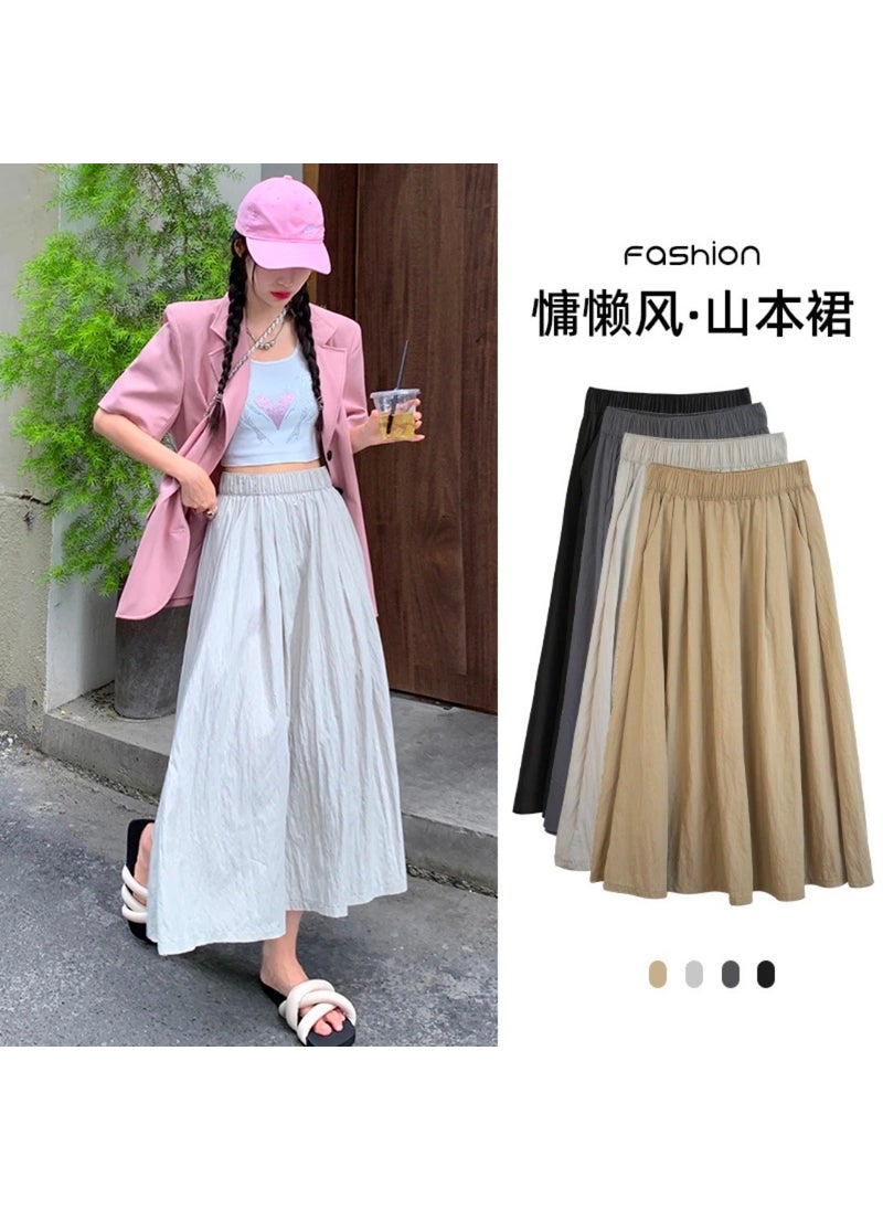 Lazy Style High-Waist Pleated Midi Skirt Apricot