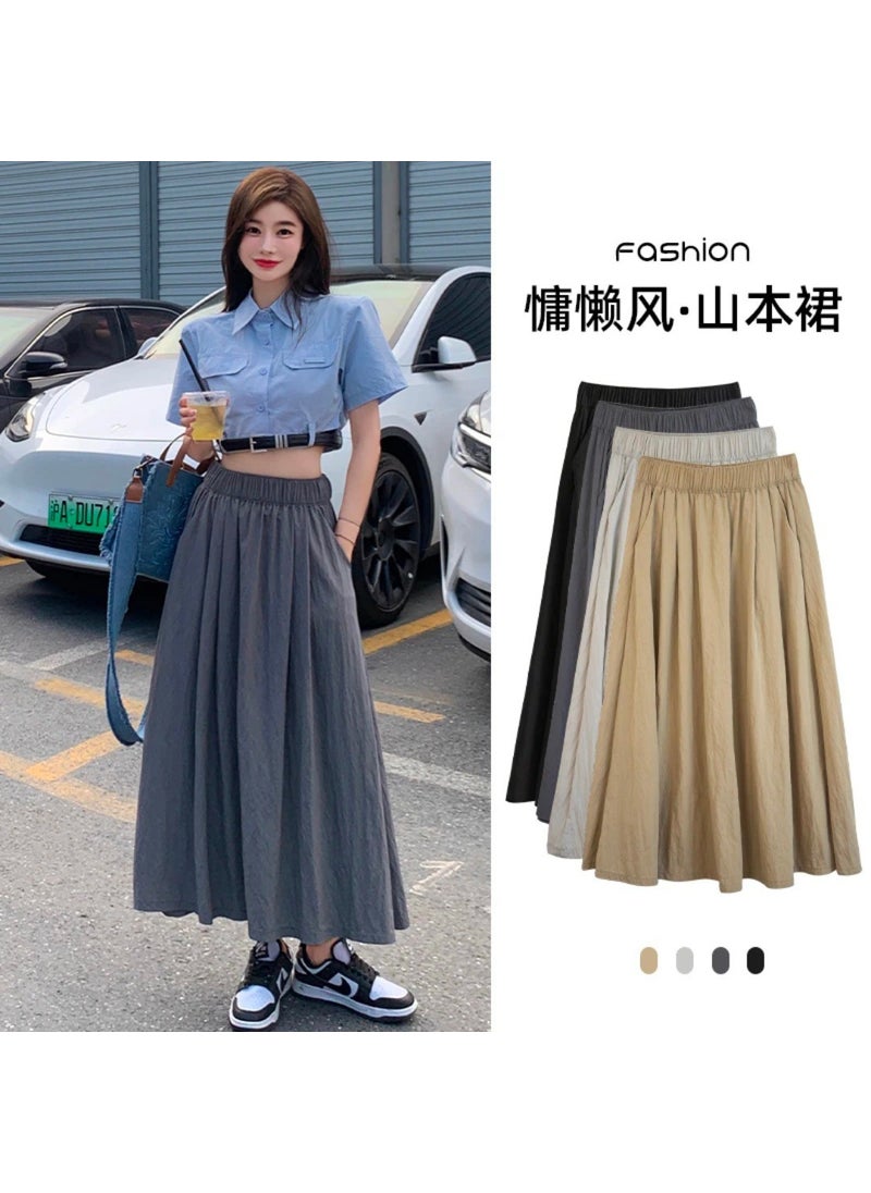 Lazy Style High-Waist Pleated Midi Skirt Apricot