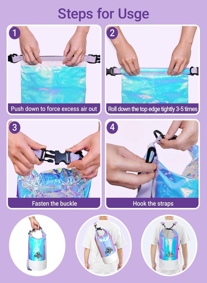 Lo's Douia Waterproof Dry Bag, 10L Small Backpack for Women Men, Holographic Iridescent Roll Top Dry Bag Waterproof, with Phone Case for Beach Travel Swimming Boating Kayaking Jetski Campin - Image 4