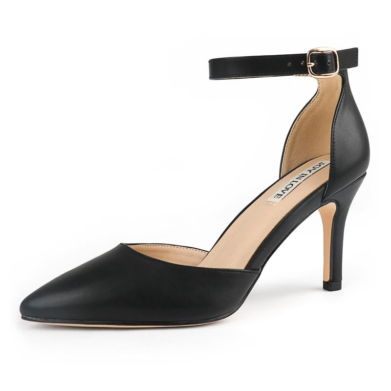 JOY IN LOVE Closed Toe Heels Pumps for Women 3IN Stiletto Pointed Toe Ankle Strap Heels Black Matte US7.5 - Image 1