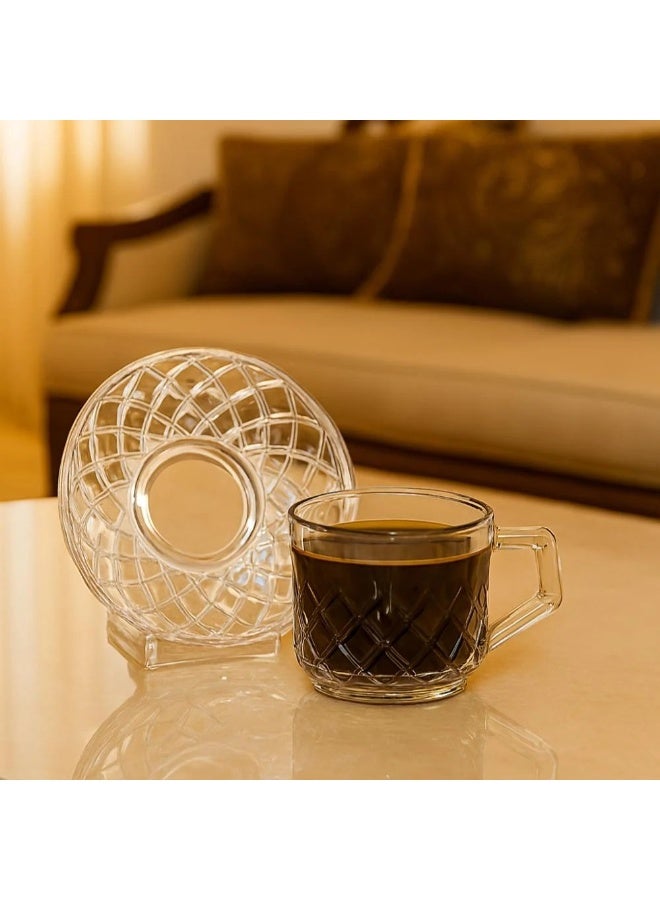 Set of clear glass tea cups with saucers consisting of 6 cups + 6 tea saucers - Image 1