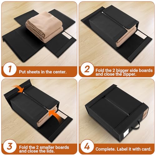 StorageTastic 4 Pack Bed Sheet Closet Organizers and Storage,Sturdy Foldable Storage Containers with Window and Label,Storage and Organization for Bedding Sheets,Duvet Covers,Blankets (Black) - Image 4