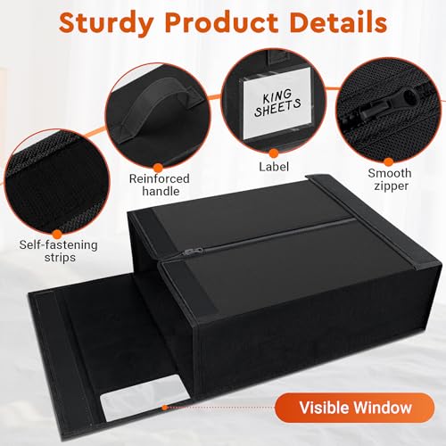 StorageTastic 4 Pack Bed Sheet Closet Organizers and Storage,Sturdy Foldable Storage Containers with Window and Label,Storage and Organization for Bedding Sheets,Duvet Covers,Blankets (Black) - Image 5