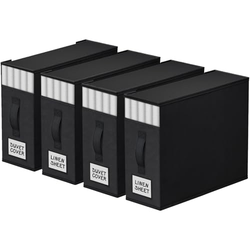 StorageTastic 4 Pack Bed Sheet Closet Organizers and Storage,Sturdy Foldable Storage Containers with Window and Label,Storage and Organization for Bedding Sheets,Duvet Covers,Blankets (Black) - Image 1
