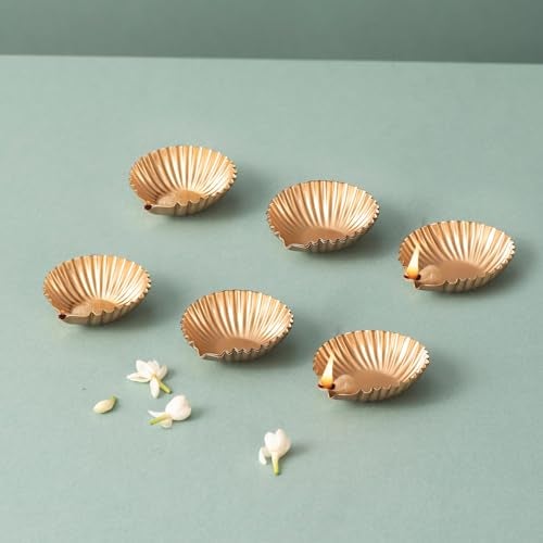 Nestroots Floral Motif Diya Set | Pack of 6 Small Decorative Lamps in Lustrous Metal, Ideal for Lighting Up Spiritual Spaces, Celebrating Cultural Festivities, and Performing Rituals - Image 1