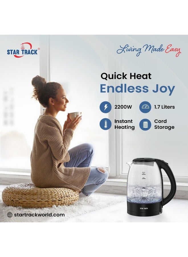 STAR TRACK STAR TRACK 1.7L Electric Kettle, 2200W, Instant Heating, Auto Shut Off, Transparent Glass Body with LED Indicator, ST-17TD-KG2200  - Image 2