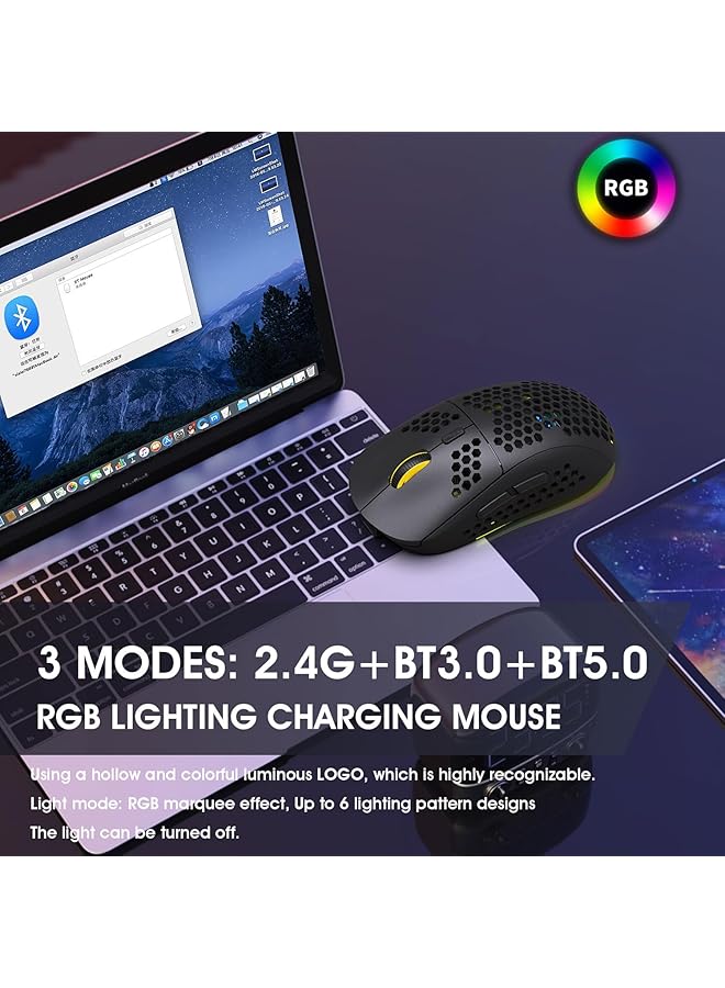 Bt/2.4G Wireless Gaming Mouse Honeycomb Hollow Design Ergonomic ماوس قيمنق لاسلكي Up To 3600 Dpi Silent Clicks 6 Rgb Backlight Modes Rgb Gaming Mouse For Mac Laptop Computer Pc  - Image 3