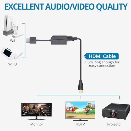 AUTOUTLET محول AUTOUTLET من Wii إلى HDMI بدقة 1080P مع كابل HDMI عالي السرعة بطول 6 أقدام، محول Wii2 HDMI مع مؤشر أزرق، إخراج الفيديو والصوت مع جاك صوت 3.5 مم متوافق مع الأجهزة بدقة Full HD - Image 4