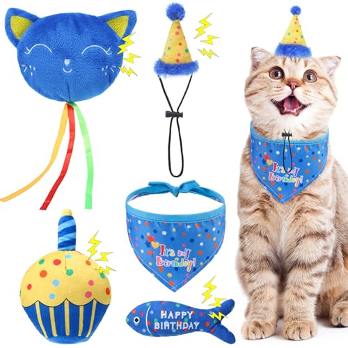 BINGPET Cat Birthday Catnip Toys for Indoor Cats 5 Pcs Cat Birthday Gift Kitten Interactive Toy for Boy Girl Cats Soft Plush Catmint Kitty Chew Kick Toy Hat Bandana Balloon Cake Fish Dark Blue - Image 1