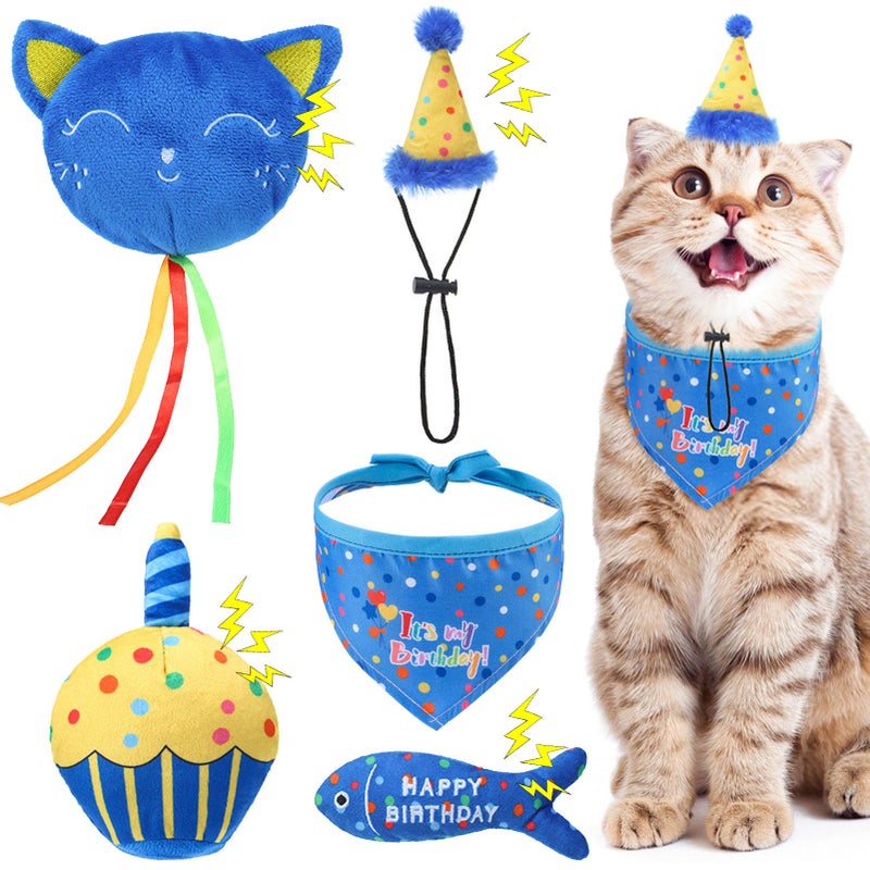 BINGPET Cat Birthday Catnip Toys for Indoor Cats 5 Pcs Cat Birthday Gift Kitten Interactive Toy for Boy Girl Cats Soft Plush Catmint Kitty Chew Kick Toy Hat Bandana Balloon Cake Fish Dark Blue - Image 2