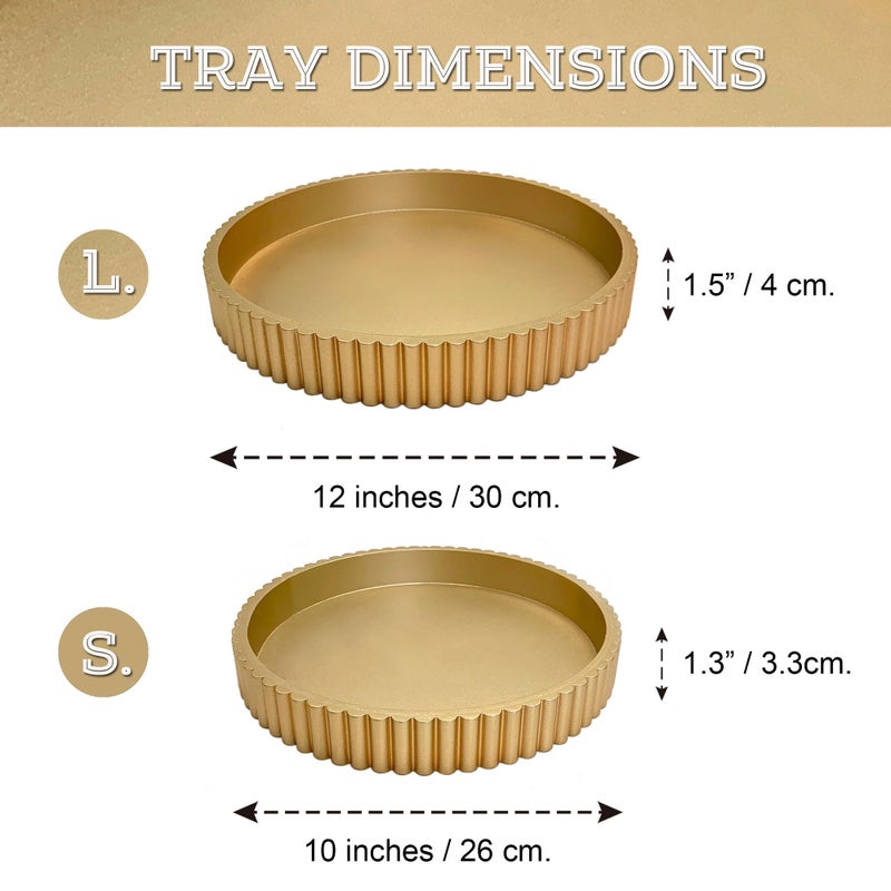 Buecasa Modern Table Round Decorative Trays 2pcs Home Decor - Circle Coffee Table Centerpiece Set 12"/10" - Wooden Golden Ottoman Tray with Fluted Edge - Image 4