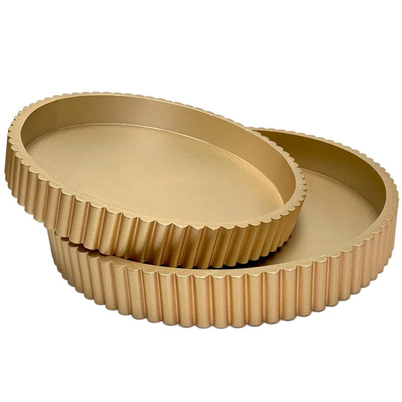 Buecasa Modern Table Round Decorative Trays 2pcs Home Decor - Circle Coffee Table Centerpiece Set 12"/10" - Wooden Golden Ottoman Tray with Fluted Edge - Image 1