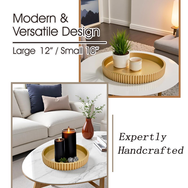 Buecasa Modern Table Round Decorative Trays 2pcs Home Decor - Circle Coffee Table Centerpiece Set 12"/10" - Wooden Golden Ottoman Tray with Fluted Edge - Image 2
