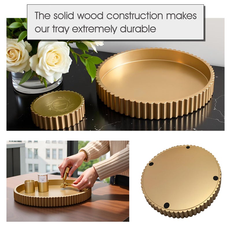 Buecasa Modern Table Round Decorative Trays 2pcs Home Decor - Circle Coffee Table Centerpiece Set 12"/10" - Wooden Golden Ottoman Tray with Fluted Edge - Image 3