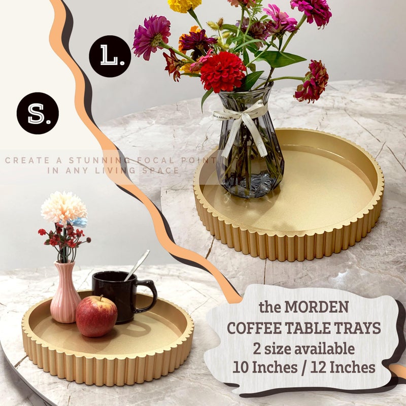 Buecasa Modern Table Round Decorative Trays 2pcs Home Decor - Circle Coffee Table Centerpiece Set 12"/10" - Wooden Golden Ottoman Tray with Fluted Edge - Image 5
