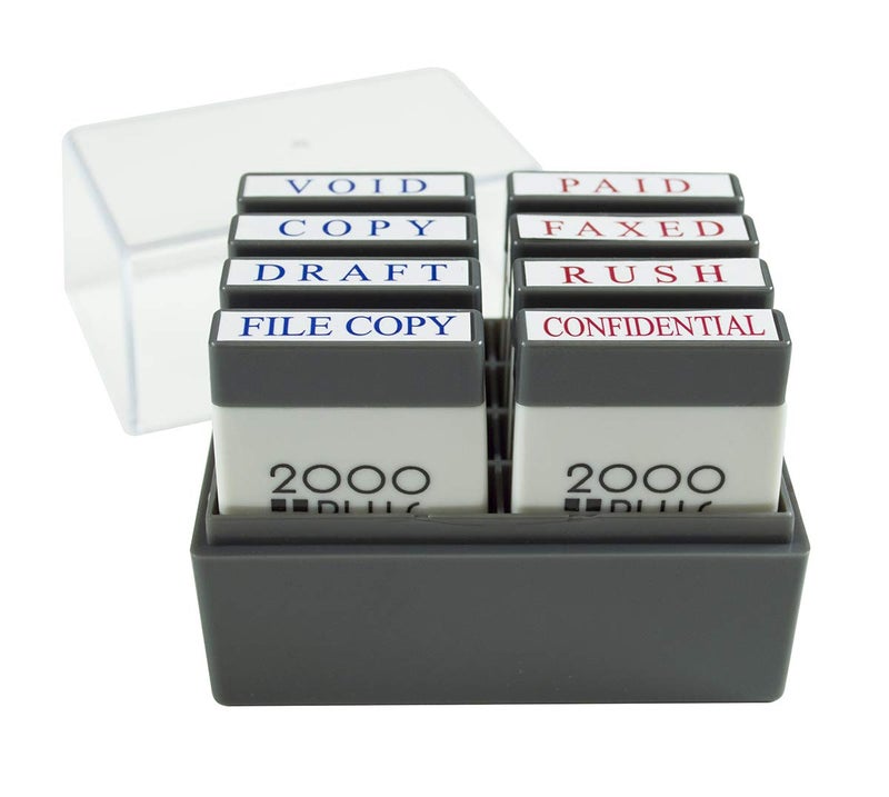 2000 Plus Mini Message Stamp Set with Storage Tray, Pre-Ink and Self-Ink, for Business and Office, 8 Messages, Red and Blue Ink (030219) - Image 3