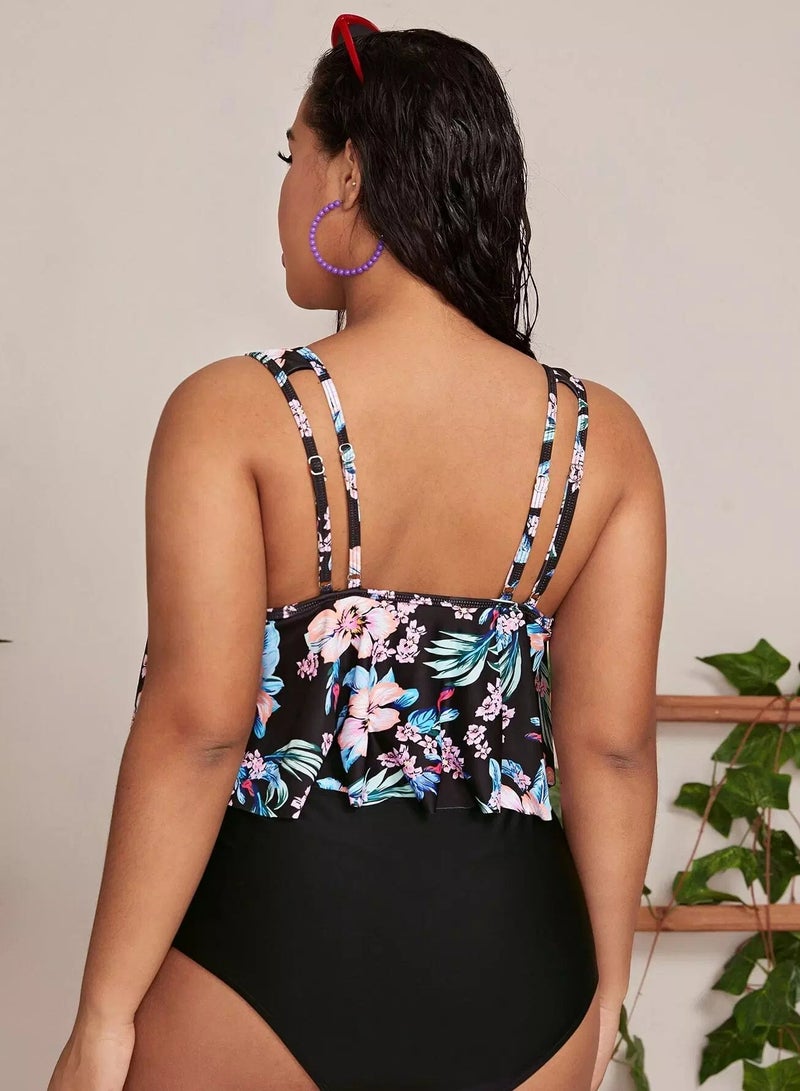 Plus Floral Print Hanky Hem Bikini Swimsuit - Image 1