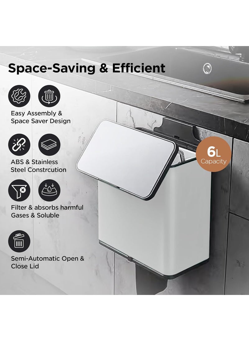 Umai UMAI 6L Hanging Steel Dustbin With Lid Washable Inner Bucket 21x11x24cm AntiOdour Dustbin For Room Office Trash Can For Kitchen Free Hanging Hooks Punch In Stickers Garbage BinSilver  - Image 3