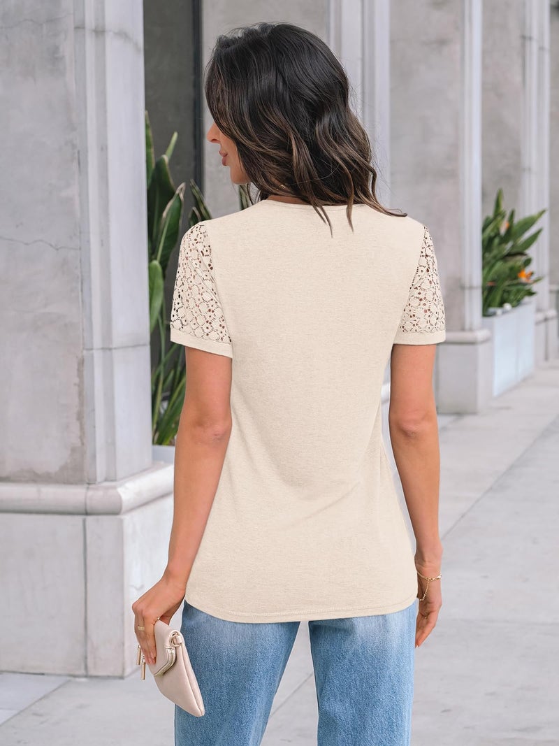 AUTOMET Short Sleeve Shirts for Women Summer Tops 2026 Spring Fashion Dressy Casual Outfits Lace Trendy Top Cute Work T Shirt Business Vacation Clothes Blouses Apricot XL - Image 4