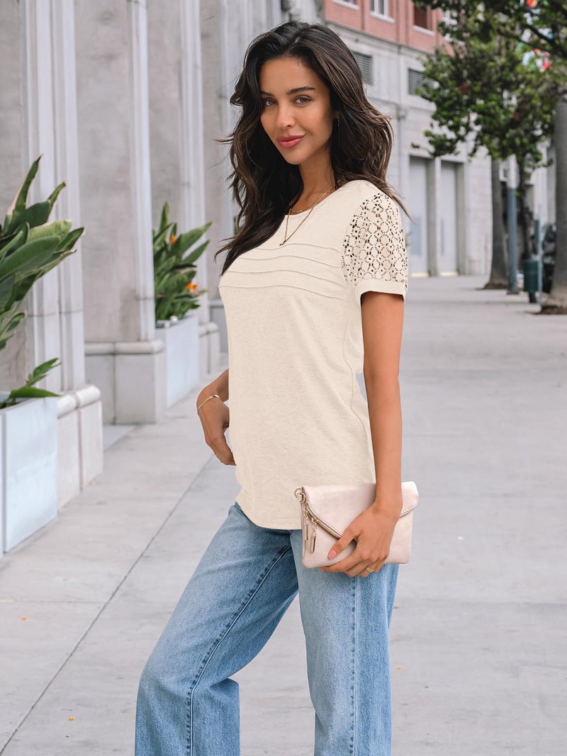 AUTOMET Short Sleeve Shirts for Women Summer Tops 2026 Spring Fashion Dressy Casual Outfits Lace Trendy Top Cute Work T Shirt Business Vacation Clothes Blouses Apricot XL - Image 3