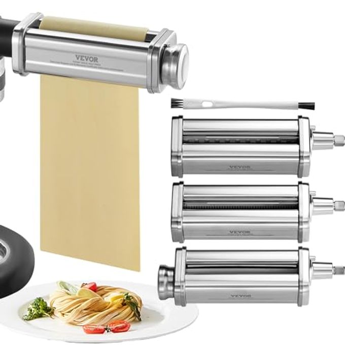 VEVOR Pasta Attachment for KitchenAid Stand Mixer, Stainless Steel Pasta Maker Attachment Includes Pasta Sheet Roller, Spaghetti Cutter, Fettuccine Cutter, 8 Adjustable Thickness Knob Pasta Maker 3Pcs
