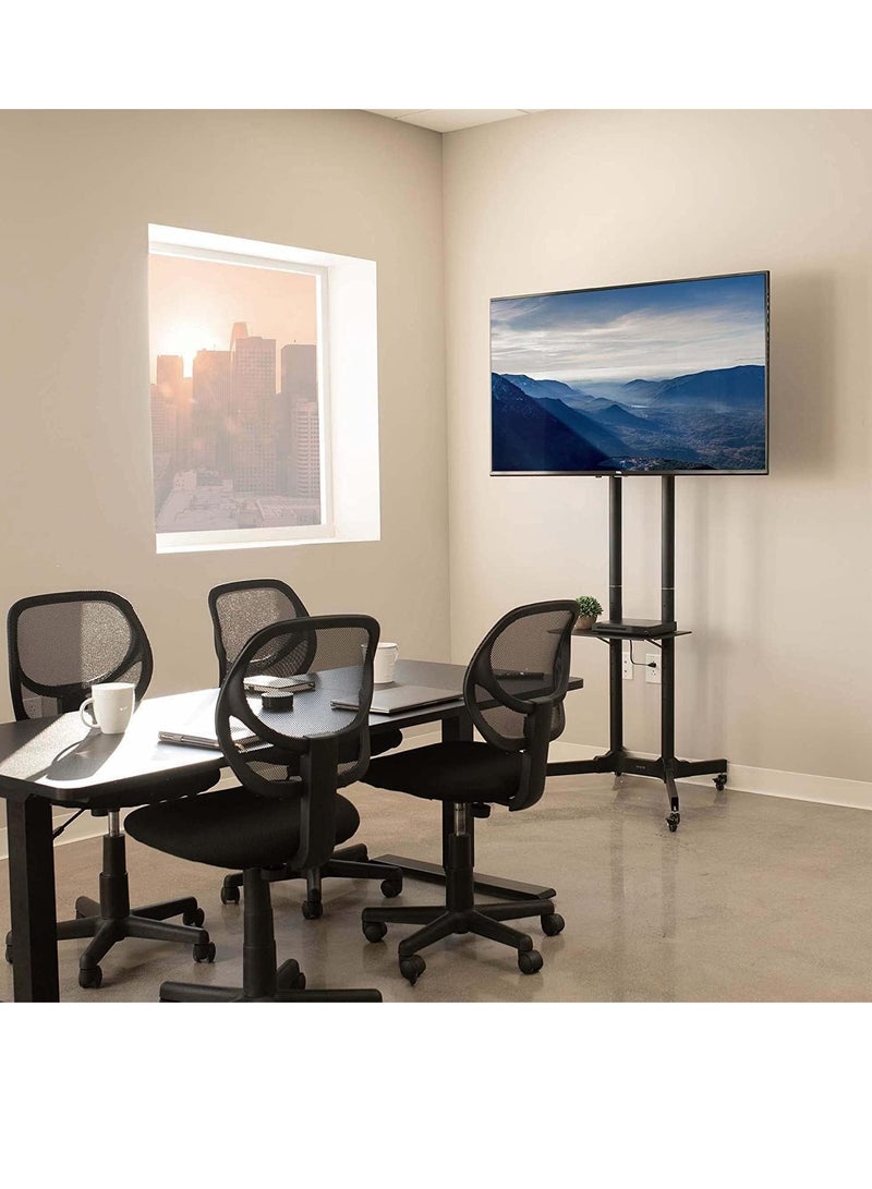 Mobile TV stand with wheels for 32 to 65 inch flat LCD, LED, and plasma screens in black. - Image 2