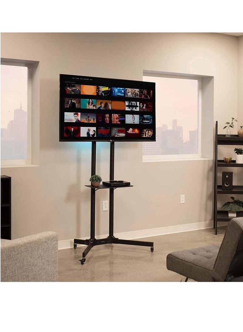 Mobile TV stand with wheels for 32 to 65 inch flat LCD, LED, and plasma screens in black. - Image 3
