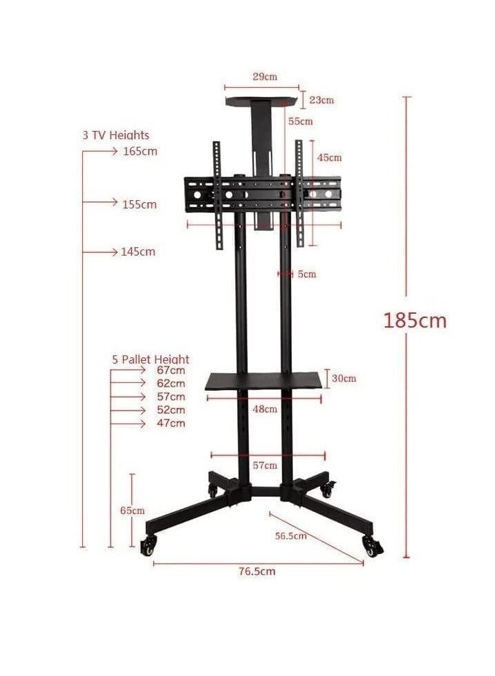 Mobile TV stand with wheels for 32 to 65 inch flat LCD, LED, and plasma screens in black. - Image 4