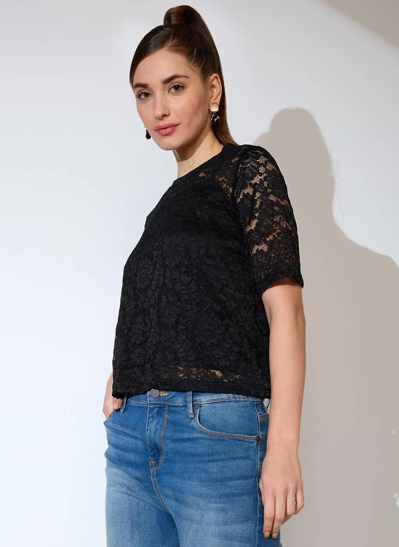 globus Globus Women Round Neck Short Sleeves Floral Lace Party Top