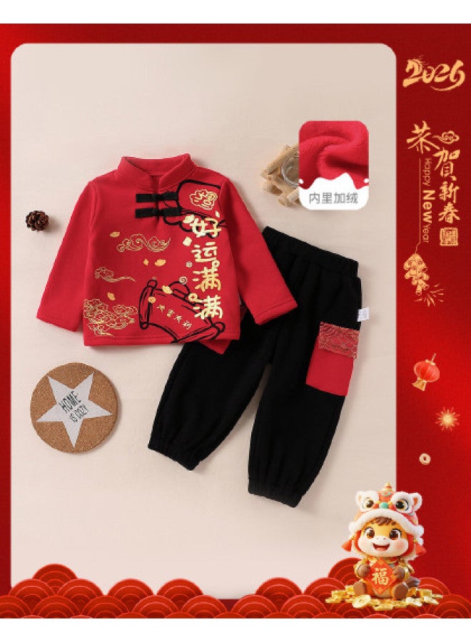 Children's Clothing Boys Winter Fleece Two-piece Set Tang Suit Festive New Year Outfit - Image 1