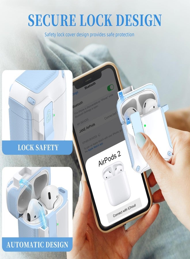 MHYALUDO غطاء حماية MHYALUDO لسماعات AirPods من الجيل الثاني/الأول، متوافق مع Magsafe، قفل مغناطيسي تلقائي، منفذ شحن مقاوم للغبار، تصميم حامل مع طقم تنظيف، أزرق سماوي/أبيض ثلجي - Image 5