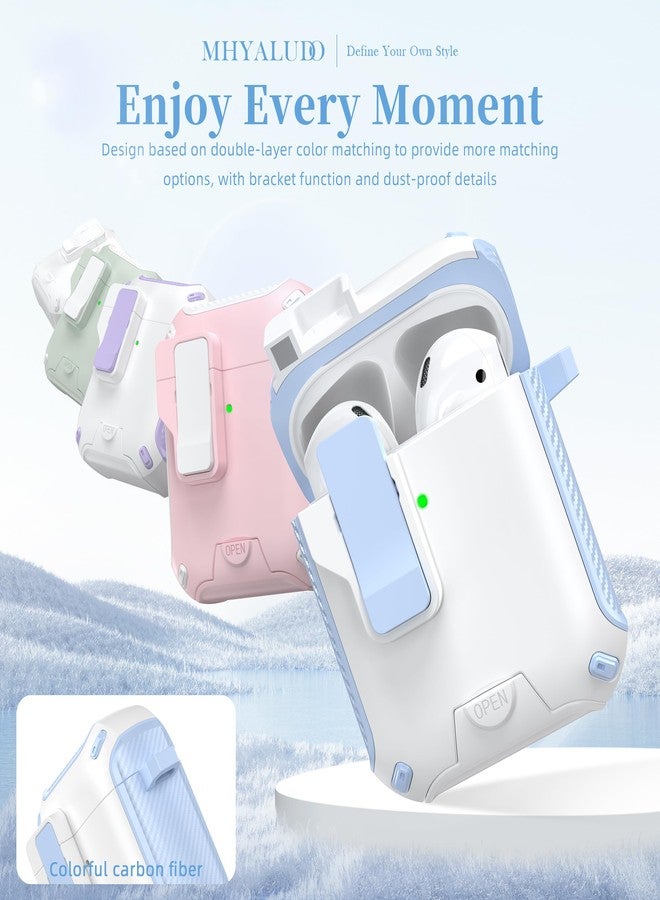 MHYALUDO غطاء حماية MHYALUDO لسماعات AirPods من الجيل الثاني/الأول، متوافق مع Magsafe، قفل مغناطيسي تلقائي، منفذ شحن مقاوم للغبار، تصميم حامل مع طقم تنظيف، أزرق سماوي/أبيض ثلجي - Image 3