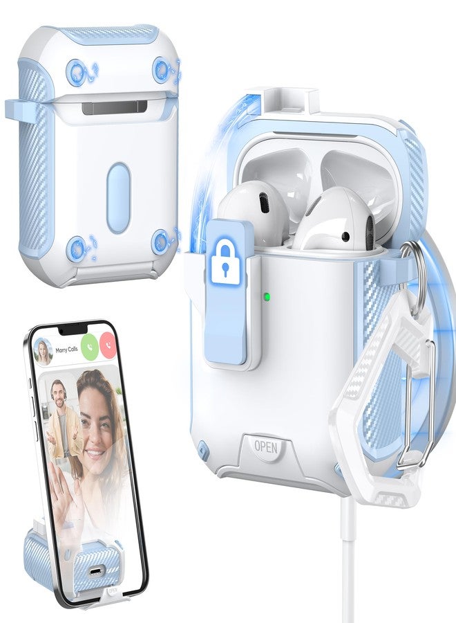 MHYALUDO غطاء حماية MHYALUDO لسماعات AirPods من الجيل الثاني/الأول، متوافق مع Magsafe، قفل مغناطيسي تلقائي، منفذ شحن مقاوم للغبار، تصميم حامل مع طقم تنظيف، أزرق سماوي/أبيض ثلجي - Image 1