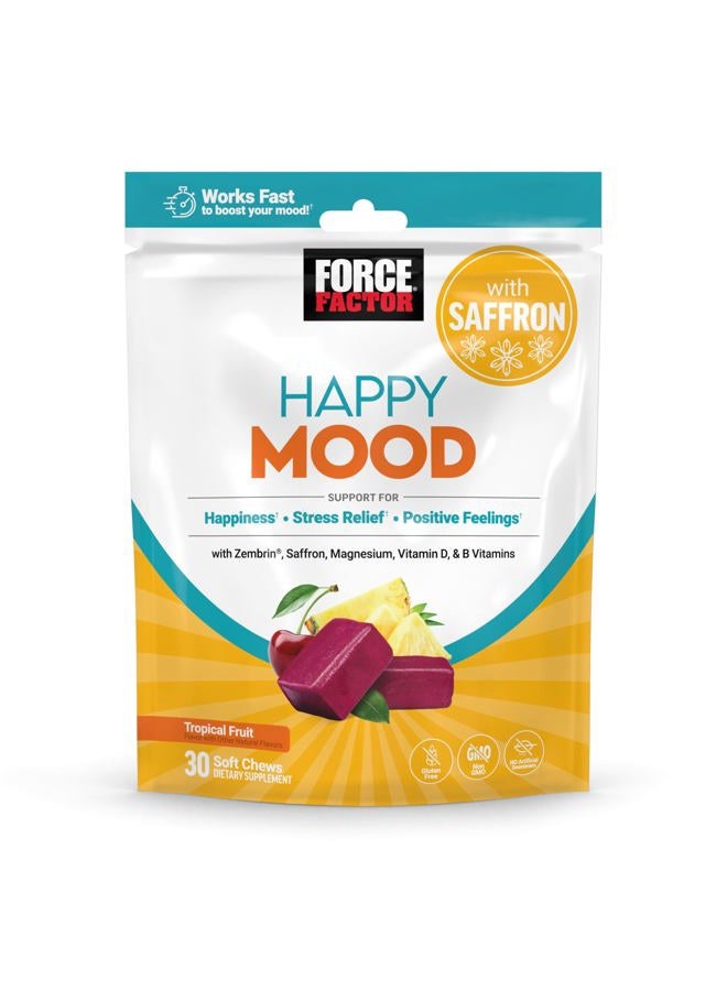 FORCE FACTOR Happy Mood, Mood Support and Mood Balance Supplement to Support Happiness, Positivity, and Stress, Made with Magnesium, Saffron, Zembrin, Non-GMO, Tropical Fruit Flavor, 30 Soft Chews - Image 1
