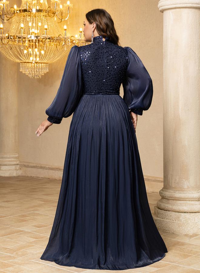UNITHORSE Plus Size Navy Blue Sequin A-Line Maxi Dress - Image 5