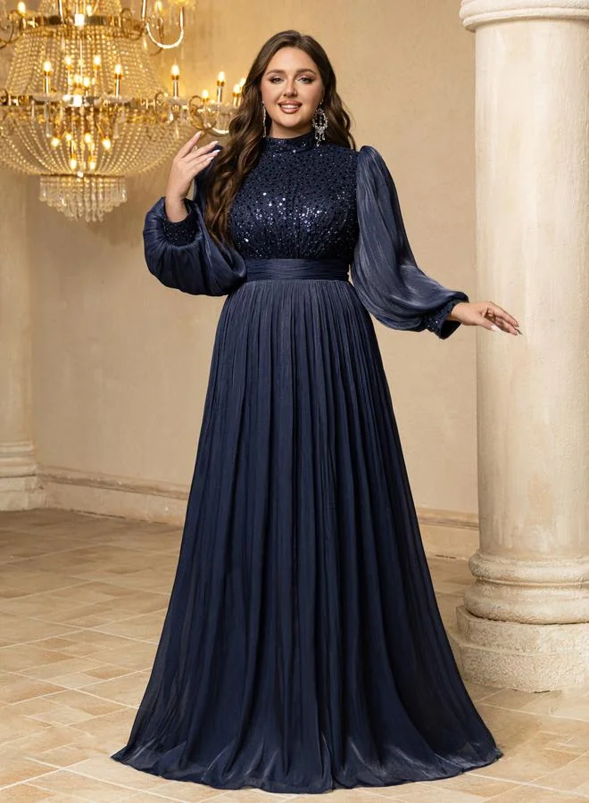 Unithorse Plus Size Navy Blue Sequin A-Line Maxi Dress